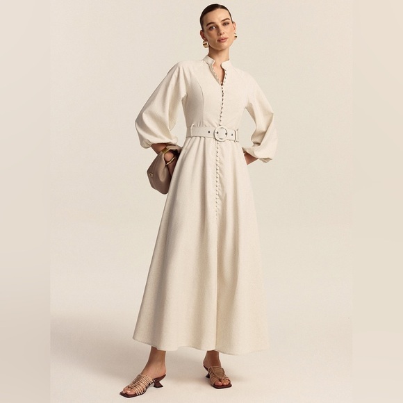 Commense Cream Linen Blend Belted Dress - Picture 3 of 10
